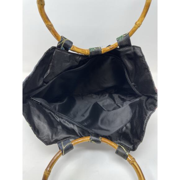 Women's Handbag Asian inspired Bambo Circle Handels Black Flower Embroidered - Picture 9 of 9